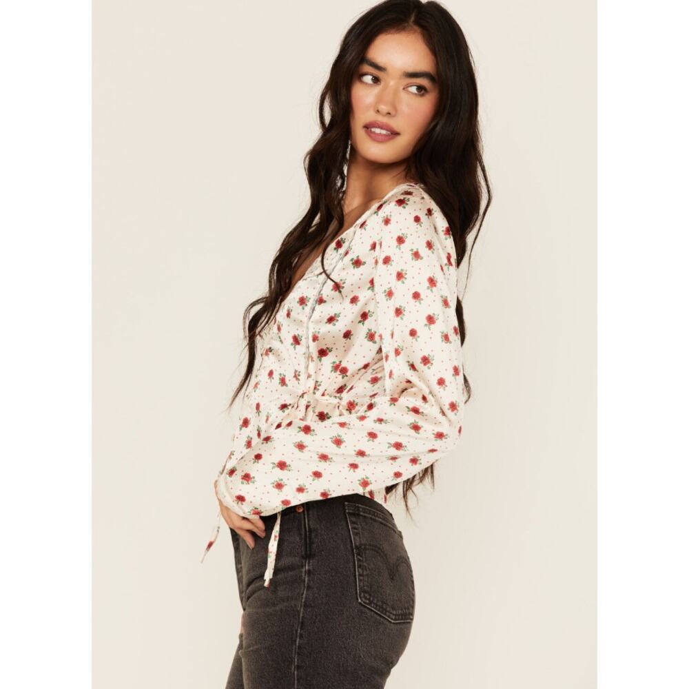 FREE PEOPLE Women's Field of Roses Top Medium Cream Red Long Sleeve NWOT - Picture 3 of 13